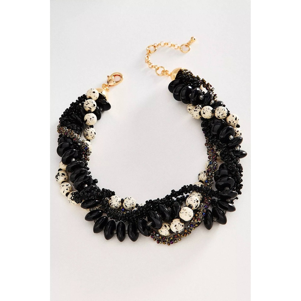 Anthropologie Layered Bead Cluster Necklace Black Ivory Chunky Statement NWT